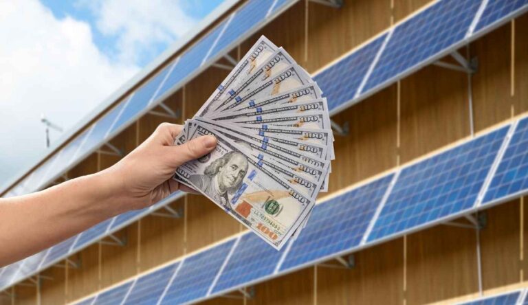 Technician safely removing rooftop solar panels with labeled cost factors